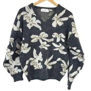 VTG! Eddie Dassin Floral Print V Neck‎ Pullover Sweater Womens L Korea